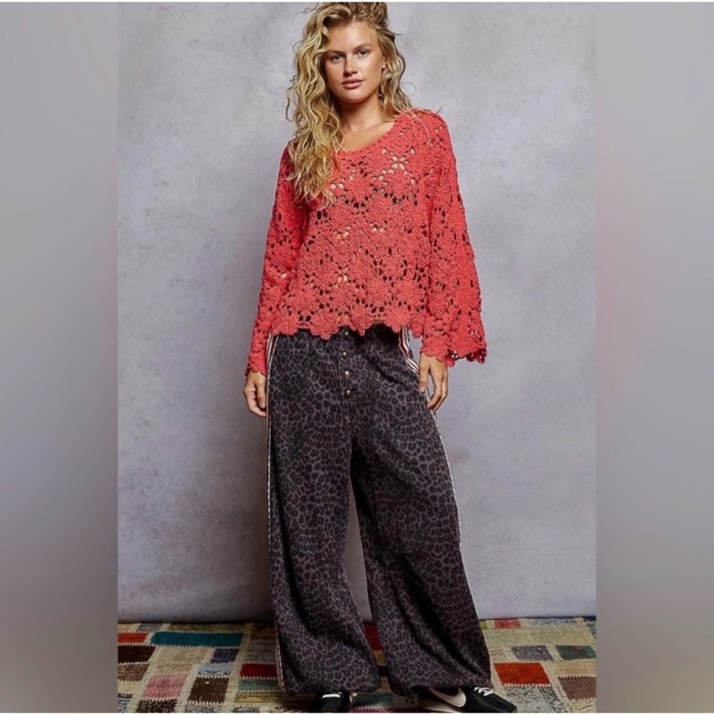 POL Angie’s gray leopard denim print with burgandy and cream side stripe.